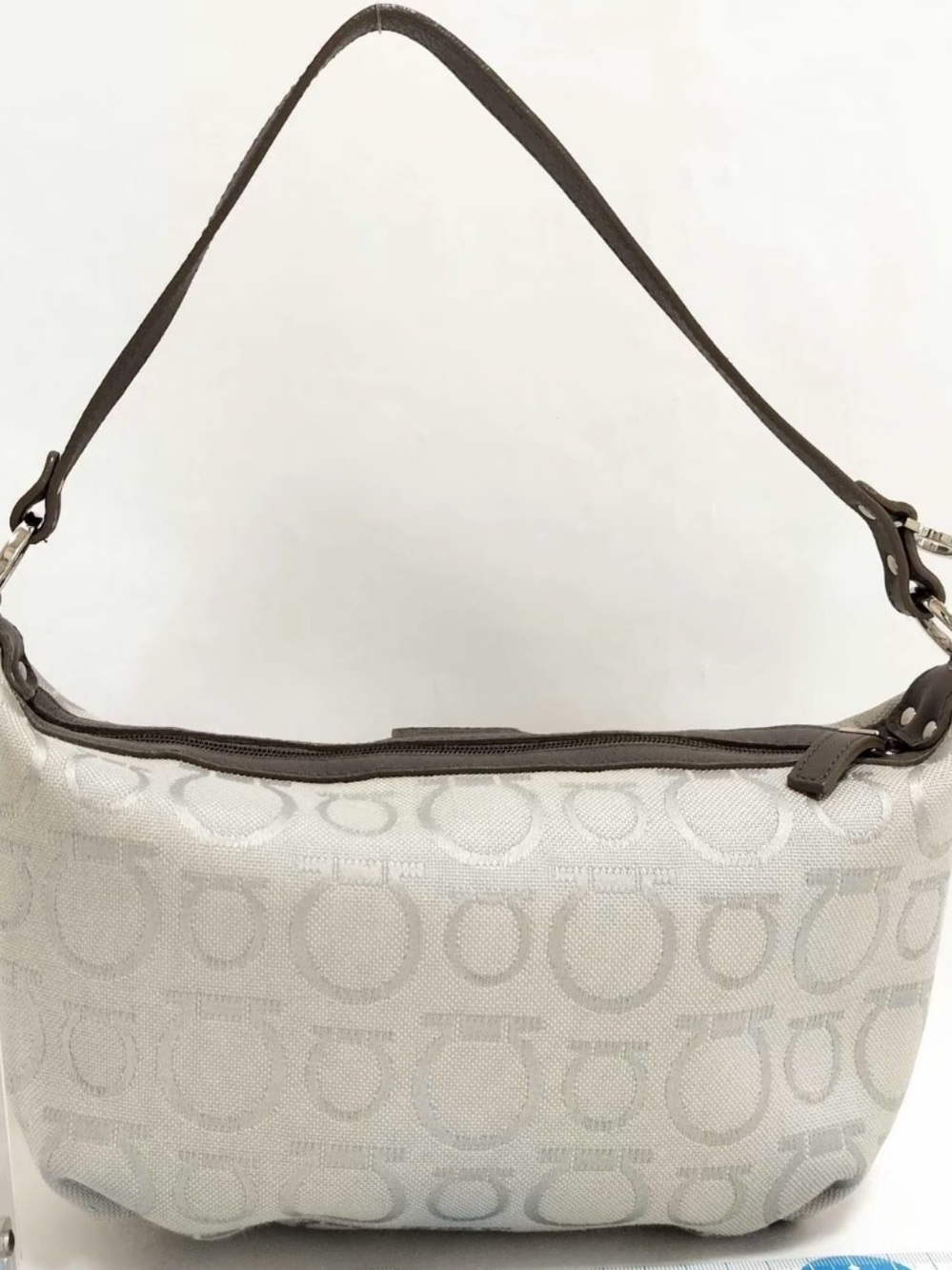 Salvatore Ferragamo Ivory Signature-Pattern Shoulder Bag with Brown Trim